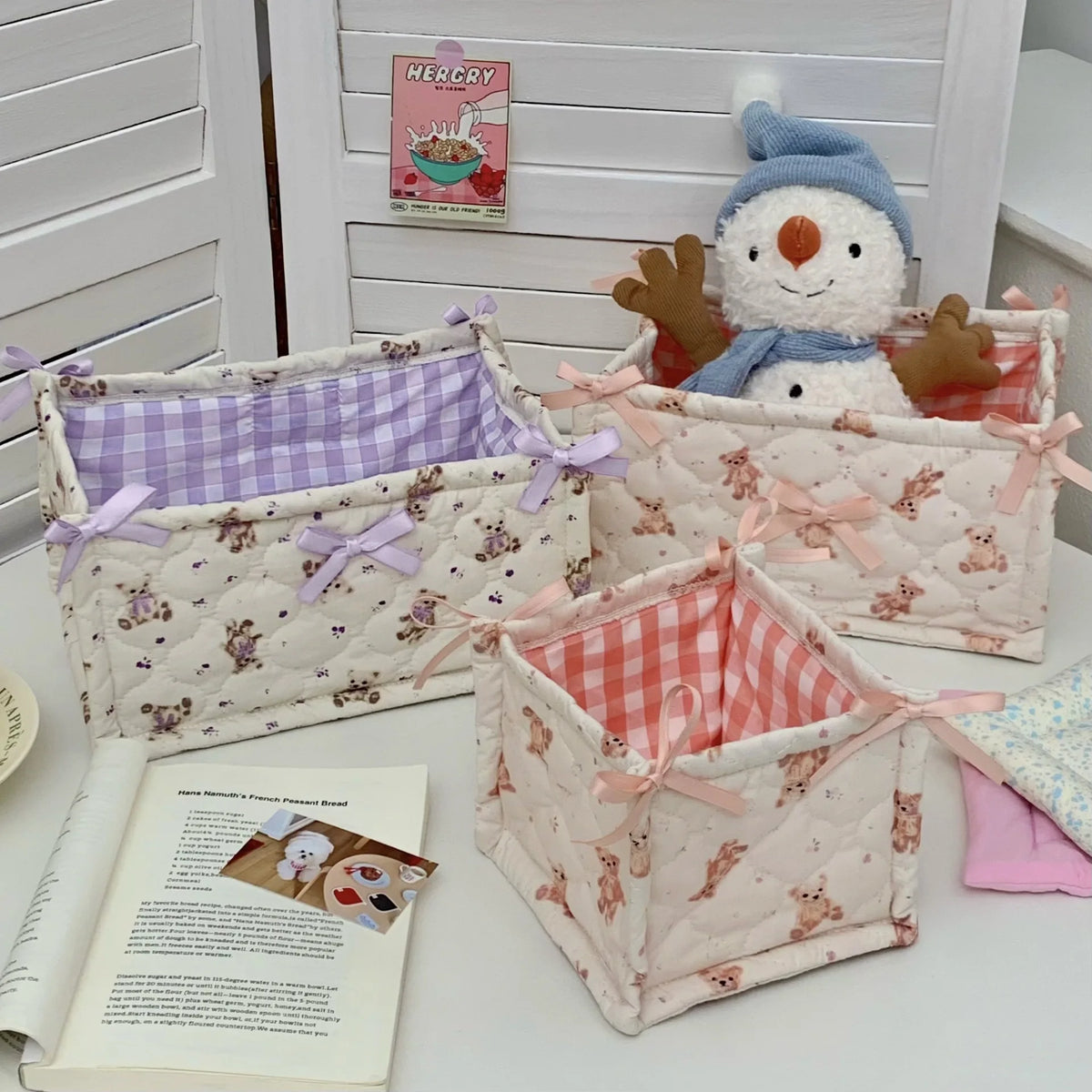 panier rangement tissu vichy animal fleuri blanc rose violet doux texturé