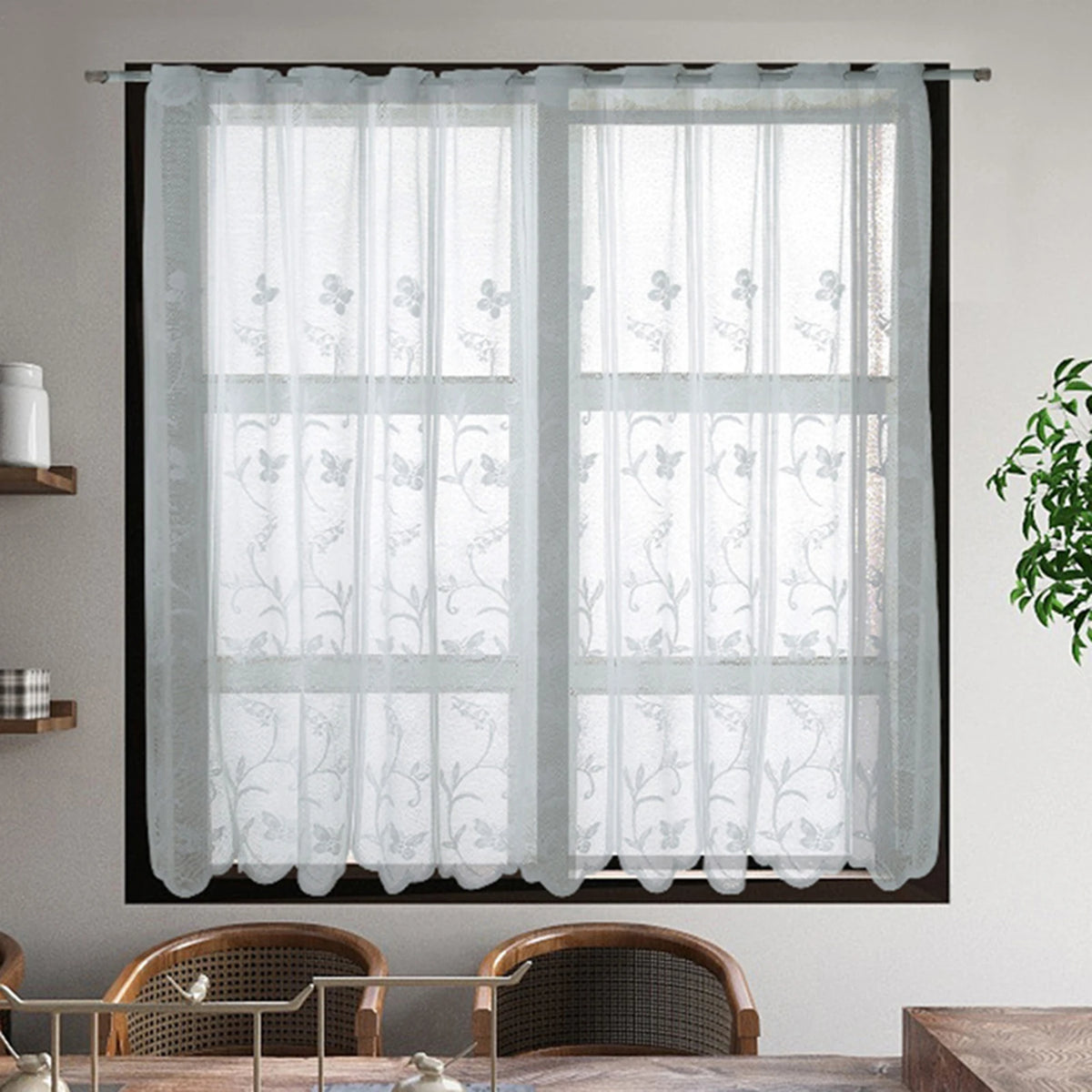 rideau floral transparent fenêtre blanc motif papillon brodé décoration chambre moderne pastorale