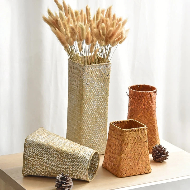 vases rotin tressé naturel rustique décoration maison fleurs séchées réutilisable