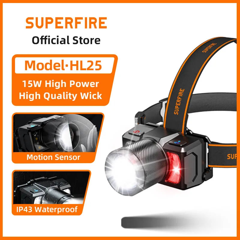 lampe frontale led rechargeable usb zoom portable camping pêche capteur mouvement ceinte texturée moderne