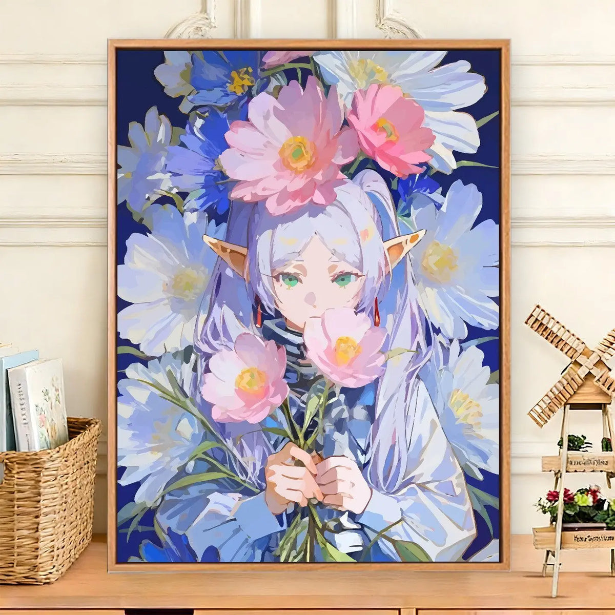 peinture numéro fleurs elfe bleu blanc vert rose toile adulte numérique