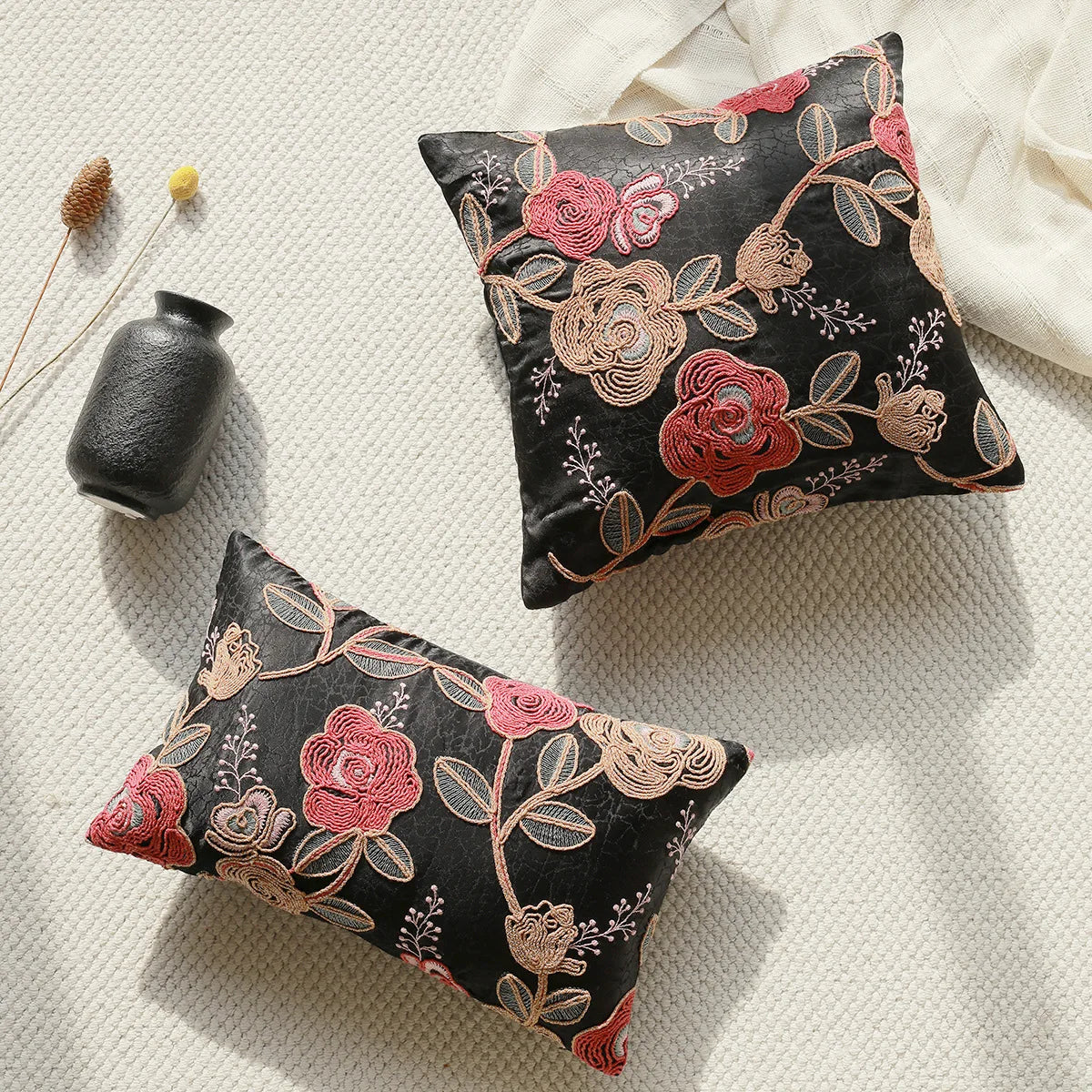 coussin brodé floral élégant noir rose beige vert décor maison voiture 45x45cm 30x50cm polyester