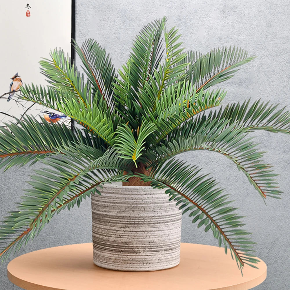 plantes artificielles feuilles palmiers vertes decoration jardin moderne pots blancsextérieur tronc arboré