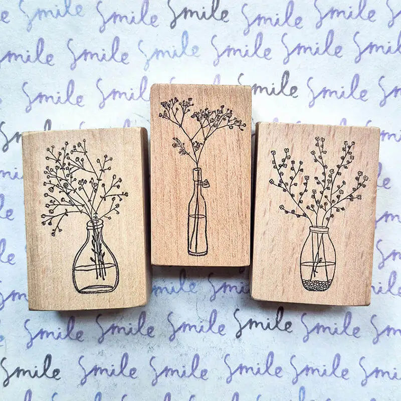 tampons encaustique bois naturel fleurs bouteilles minimaliste set artisanat journal scrapbook notes decoration