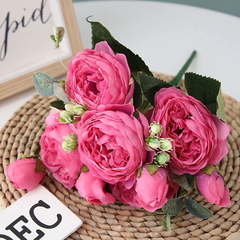 bouquet fleurs artificielles pivoines roses feuilles vertes decoration mariage anniversaire intérieur classique