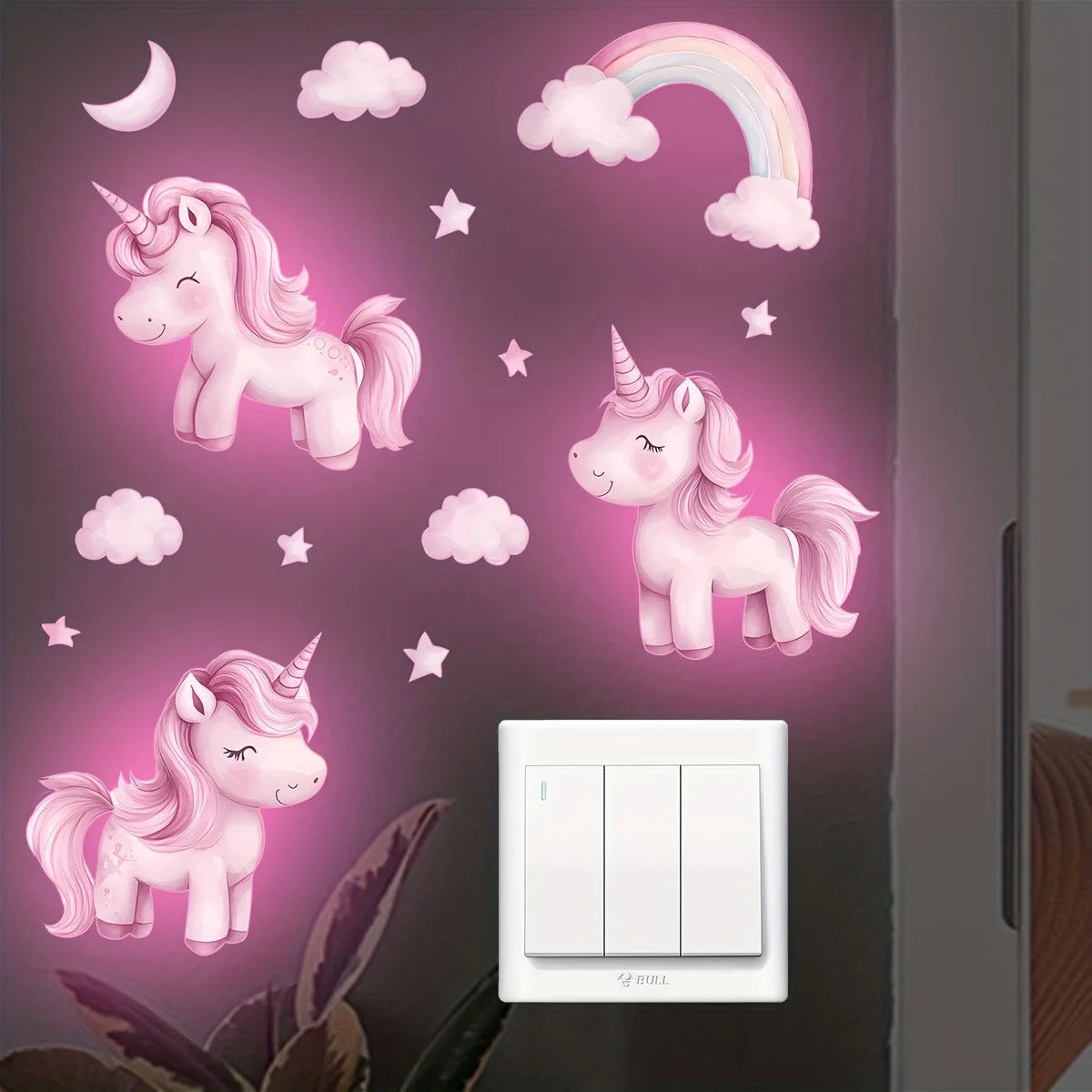 stickers muraux licorne nuages étoiles arc ciel adhésif chambre enfant rose clair brillance nuit