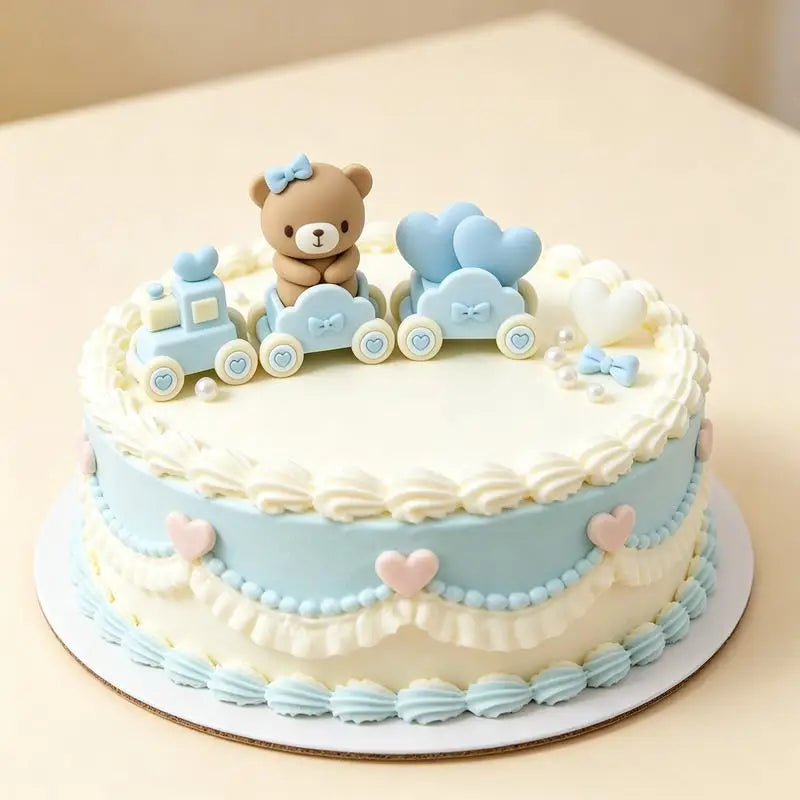 décoration gâteau anniversaire ours bleu rose voiture dessin animé nuages coeurs enfant festive résine