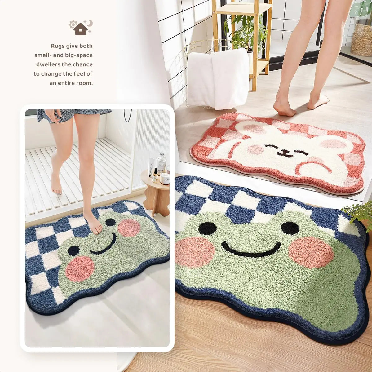 tapis bain antidérapant polyester feutre décoratif carreaux géométriques souriant vert clair bleu marine