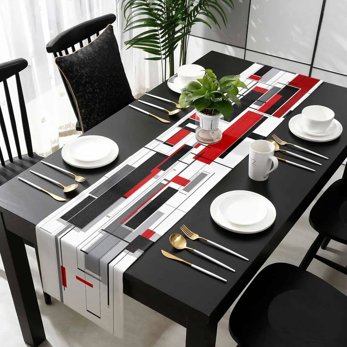 chaise table lin géométrique rouge noir gris moderne minimaliste decoration abstraite opaque