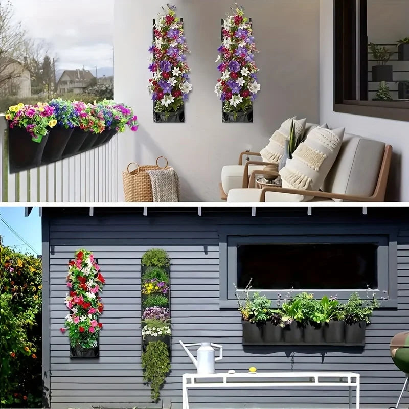 jardin vertical suspendu poches tissu opaque noir fleurs multicolores moderne rustique