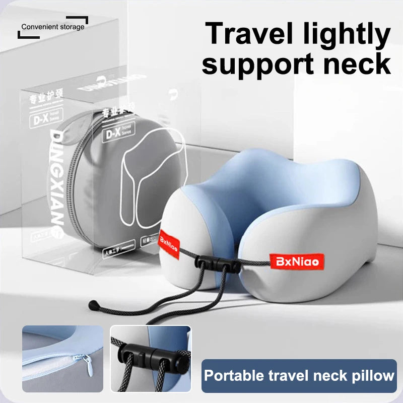 coussin voyage cou couleur bleu gris matière douce forme ergonomique ajustable moderne box rangement