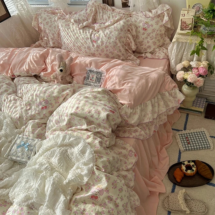 parure lit complète fleurs vintage princesse housse couette drap taies oreillers