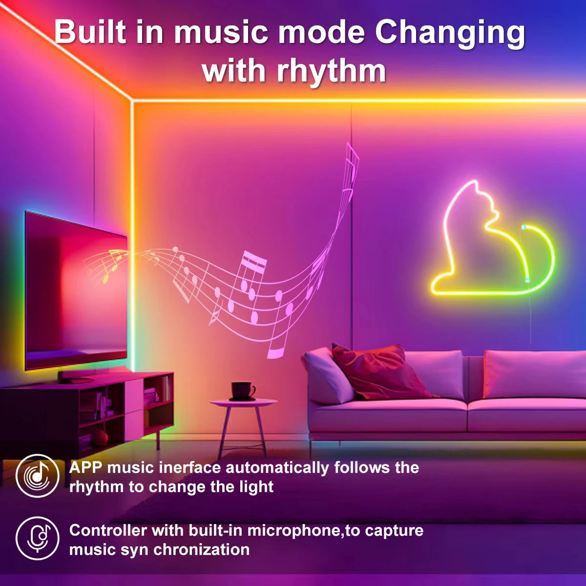 ruban led néon multicolore synchronisation musicale application bluetooth ambiance chambre fête noël