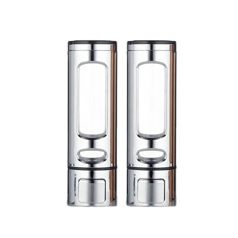 distributeur savon liquide or argent blanc moderne finition métallique fenêtre transparente minimaliste vis