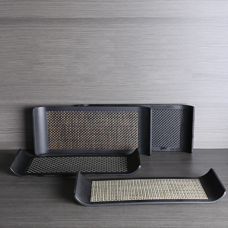 plateau rangement noir tissu géométrique moderne vaisselle mélamine utilisation salon entrée cuisine decoration