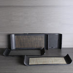 plateau rangement noir tissu géométrique moderne vaisselle mélamine utilisation salon entrée cuisine decoration