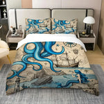 Housse de couette vintage bleu pieuvre