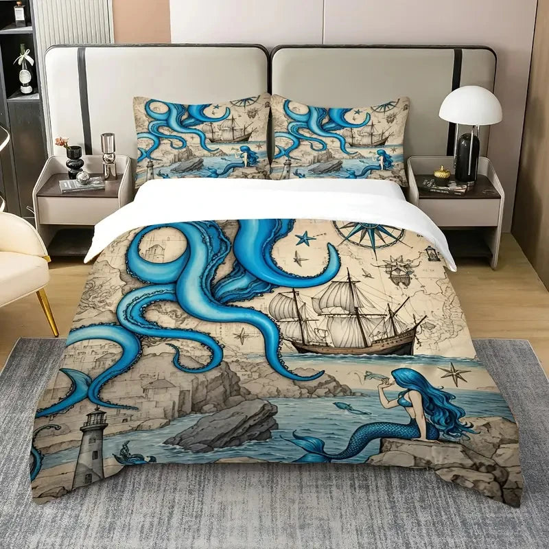 Housse de couette vintage bleu pieuvre
