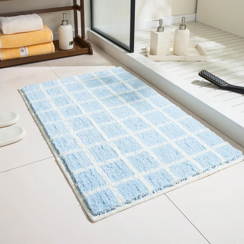 tapis bain bleu clair rose blanc carreaux géométriques doux moelleux moderne antidérapant imperméable