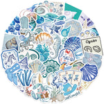 sticker thème marin coquillage corail hippocampe crabe bleu blanc gris vert adhésif illustré pack
