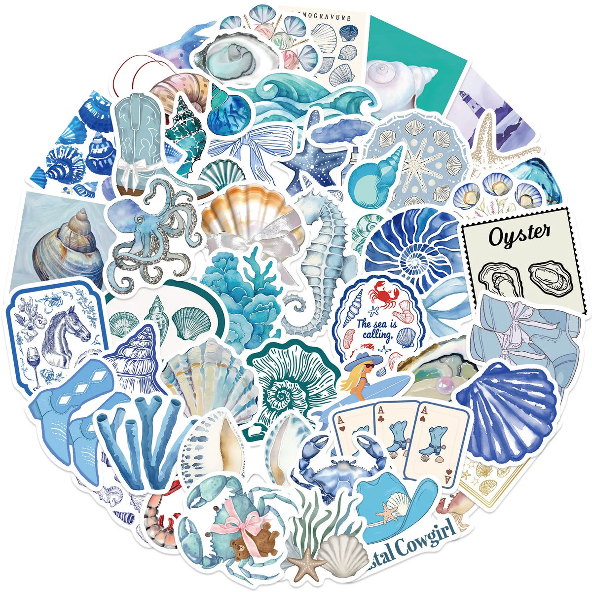 sticker thème marin coquillage corail hippocampe crabe bleu blanc gris vert adhésif illustré pack