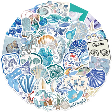 sticker thème marin coquillage corail hippocampe crabe bleu blanc gris vert adhésif illustré pack