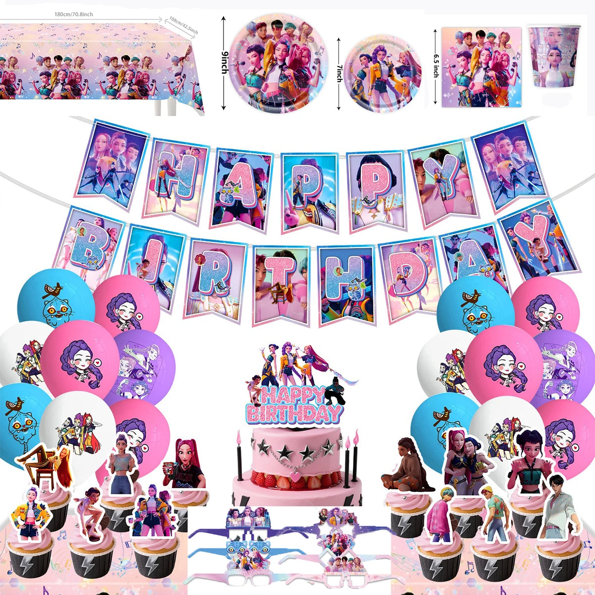 décoration anniversaire pop moderne happy birthday banner galets gobelets serviettes transparentes adhésives multicolores festives