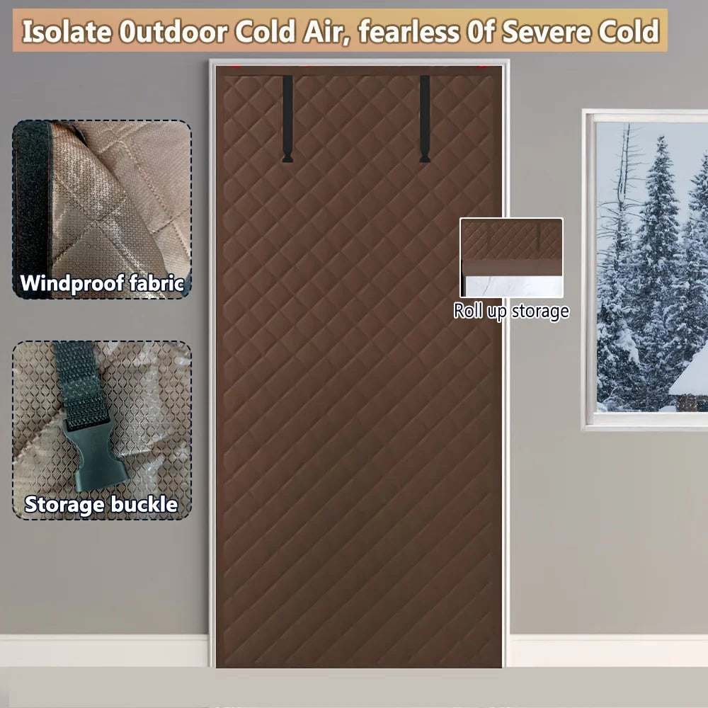rideau porte thermique marron motif grille moderne opacité boucle rangement hiver isolation