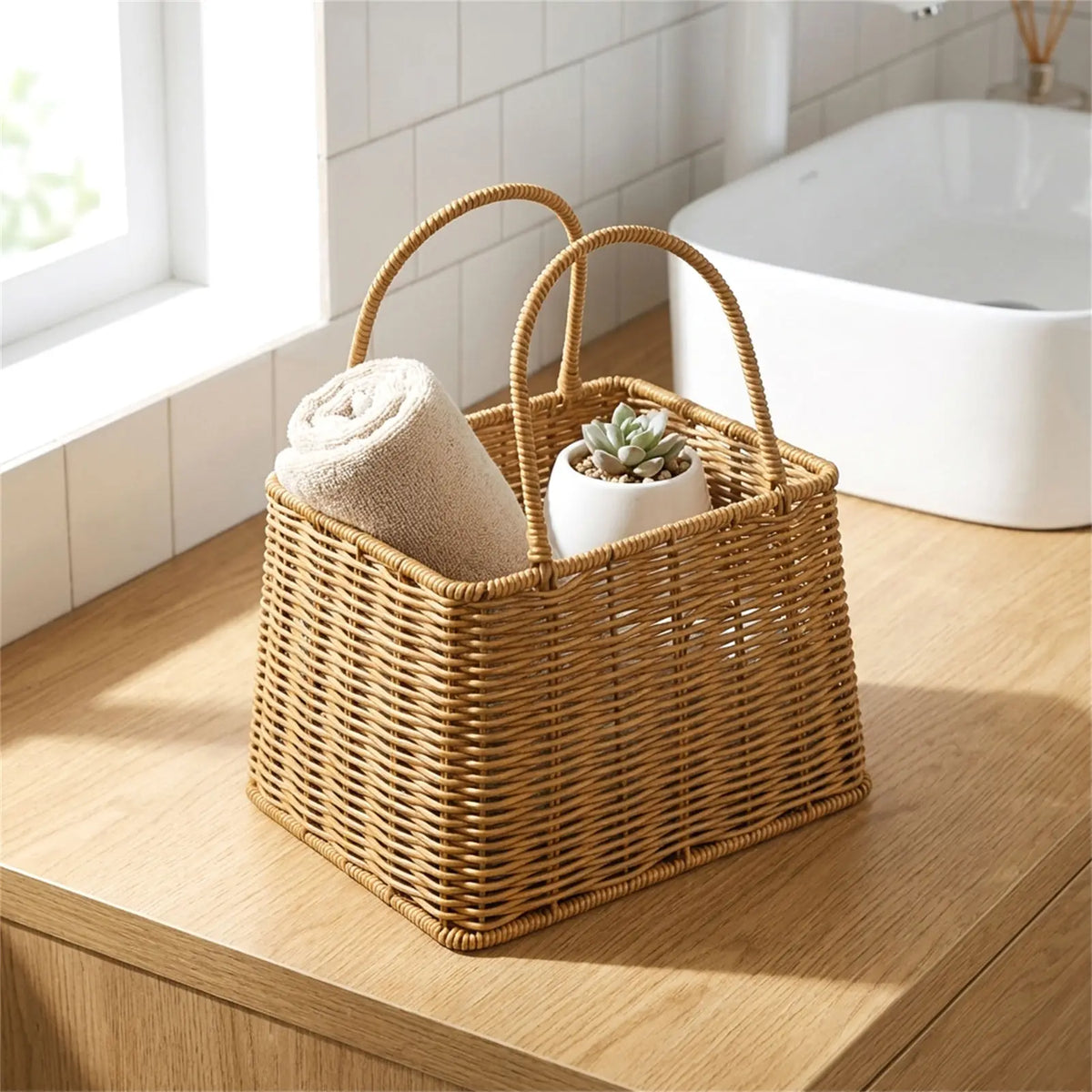 panier tressé marron clair rose rangement stockage bohème minimaliste respectueux environnement multifonctionnel