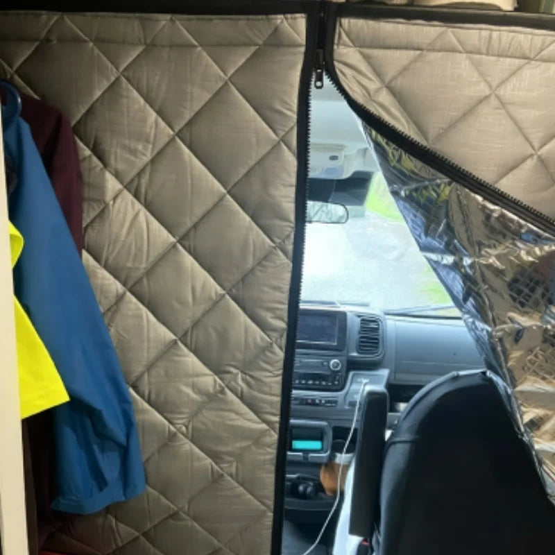 rideau voiture gris quilté moderne rubans adhésifs isolation thermique camping car