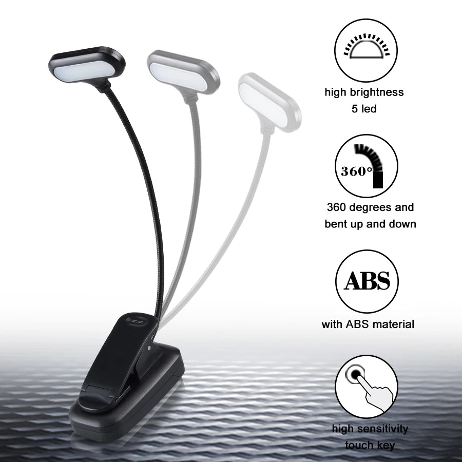 lampe lecture portable pince noir ajustable protection yeux étude chambre moderne clip caoutchouc rechargeable