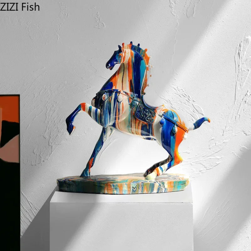 statue moderne cheval résine bleu orange marbrée opaque décoration intérieur salon bleu orange modernes