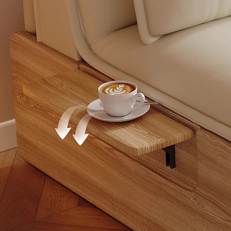 canapé lit extensible canapé moderne simili cuir beige clair coussins tablette intégrée tapis