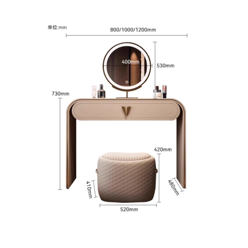 coiffeuse moderne maquillage miroir lumineux tabouret compartiments tiroirs étagère arrière beigeclair minimaliste