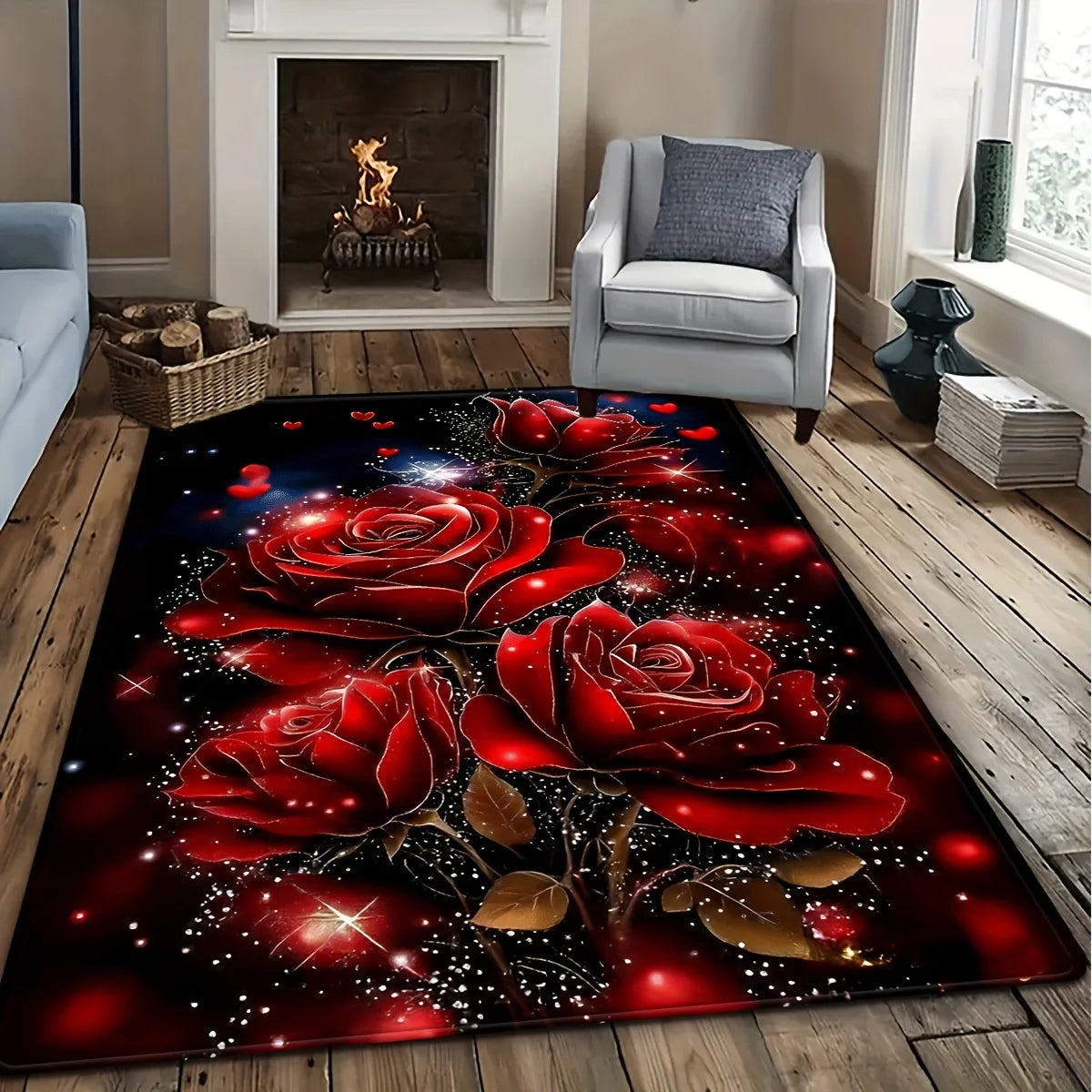 tapis rouge roses noires feuilles dorées étoiles blanches moderne salon chambre décoratif polyester PVC
