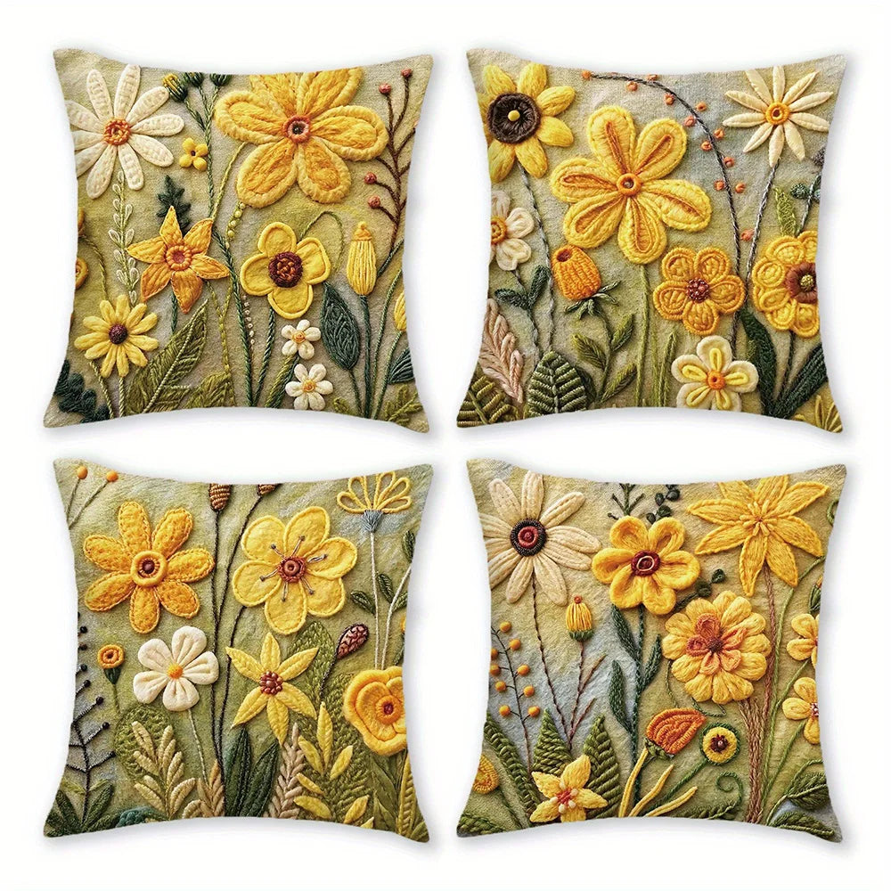taies d'oreiller polyester fleurs relief artisanal zipper 45x45cm vert jaune blanc