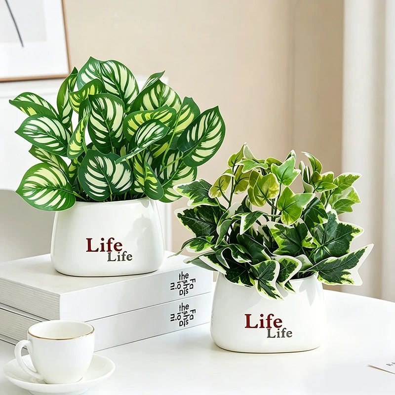 plantes artificielles vertes moderne pots blancs décoration intérieure feuilles variées minimaliste