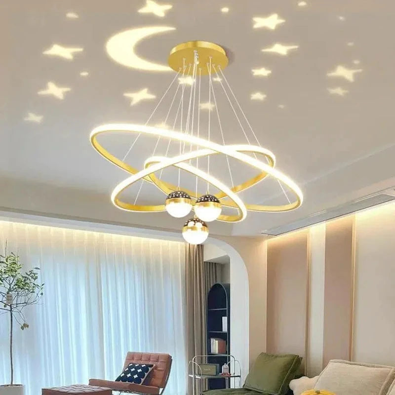 suspension lumineuse moderne or blanc anneaux superposés intérieur chambre salon