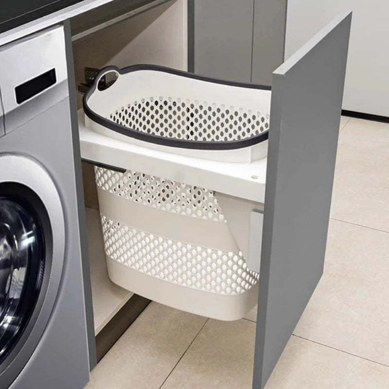 panier linge moderne gris blanc perforé réutilisable opaques poignées coulissant rails vis fixations durable