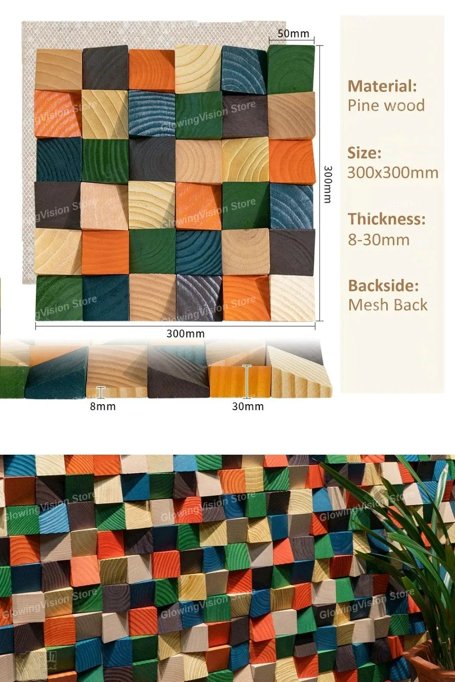 panneau mural décoratif 3d géométrique abstrait moderne triangles bois peints rouge orange Jaune Vert