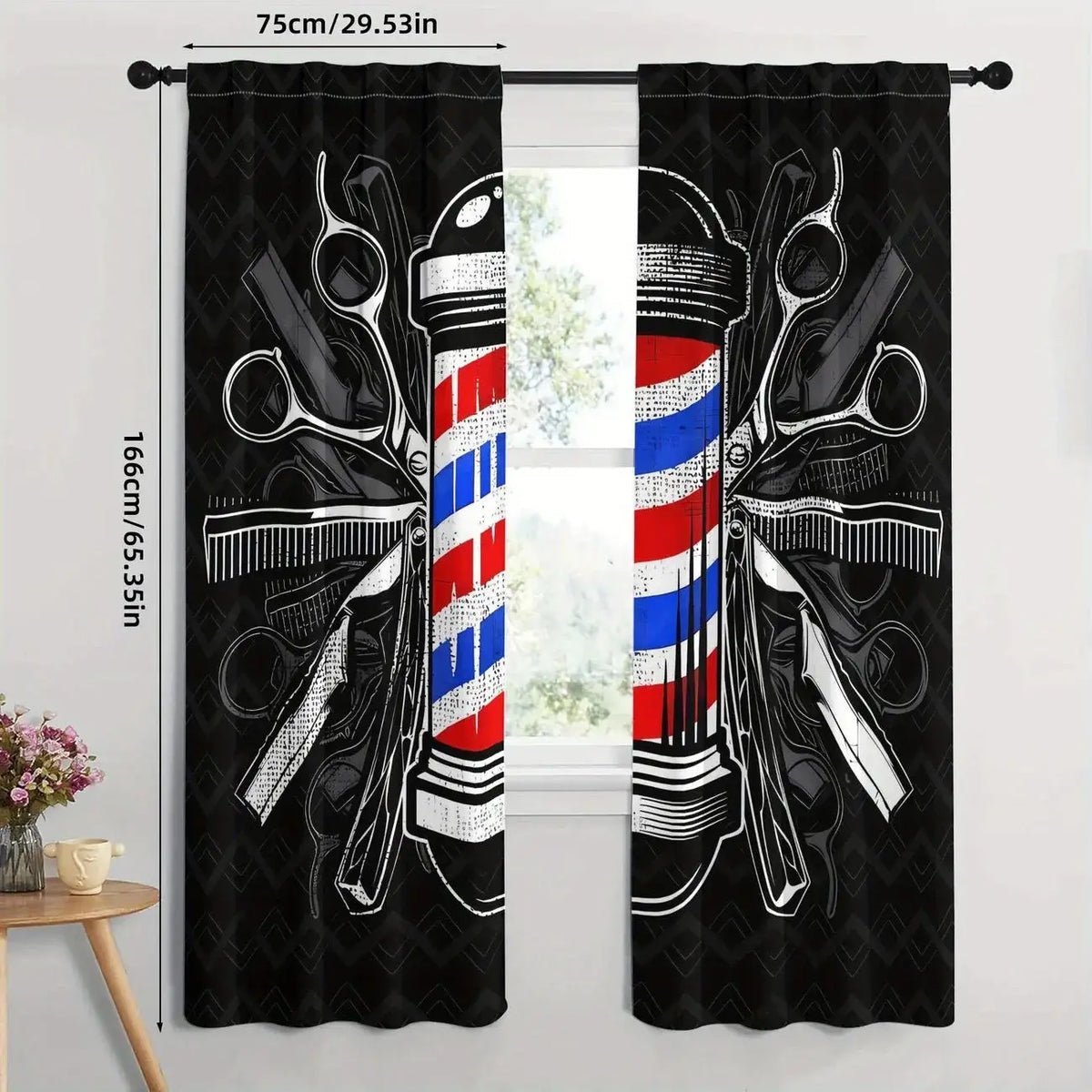 rideaux coiffeur motif ciseaux noir blanc moderne opacité pièces polyester