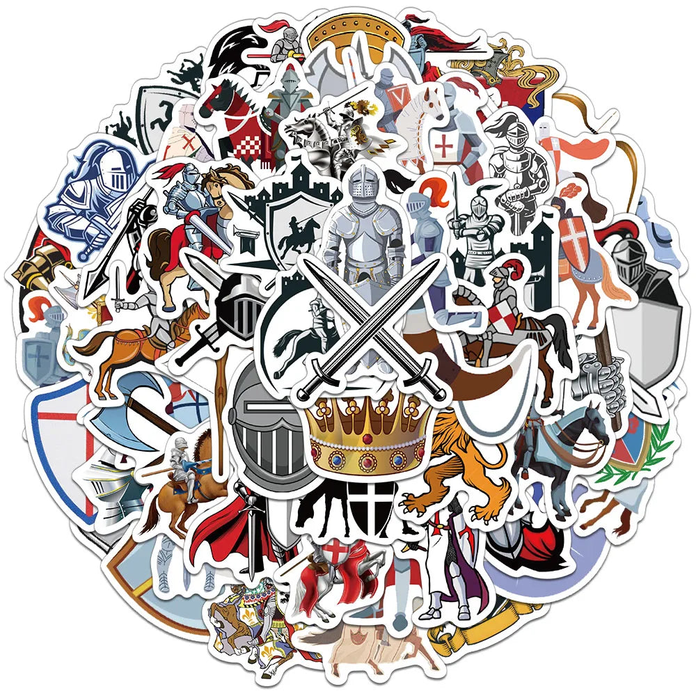 stickers médiévaux chevaliers armes blasons adhésifs téléphone portable ordinateur couleurs variées illustration