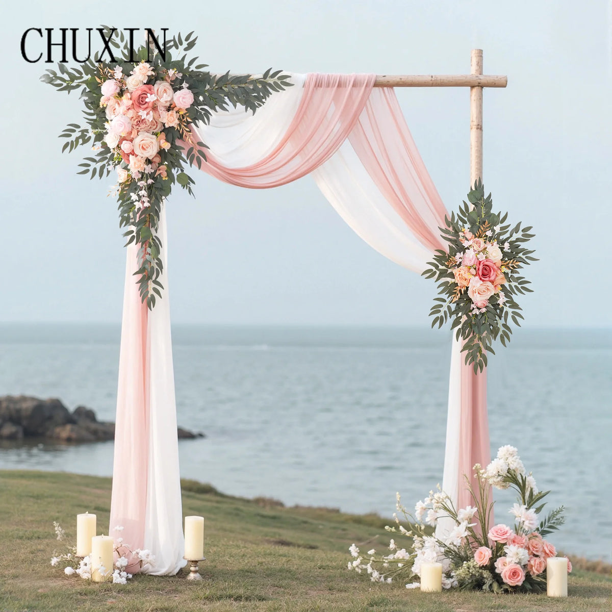 arche décorative romantique fleurs roses feuilles vert tissu blanc transparent événement cascade fixations