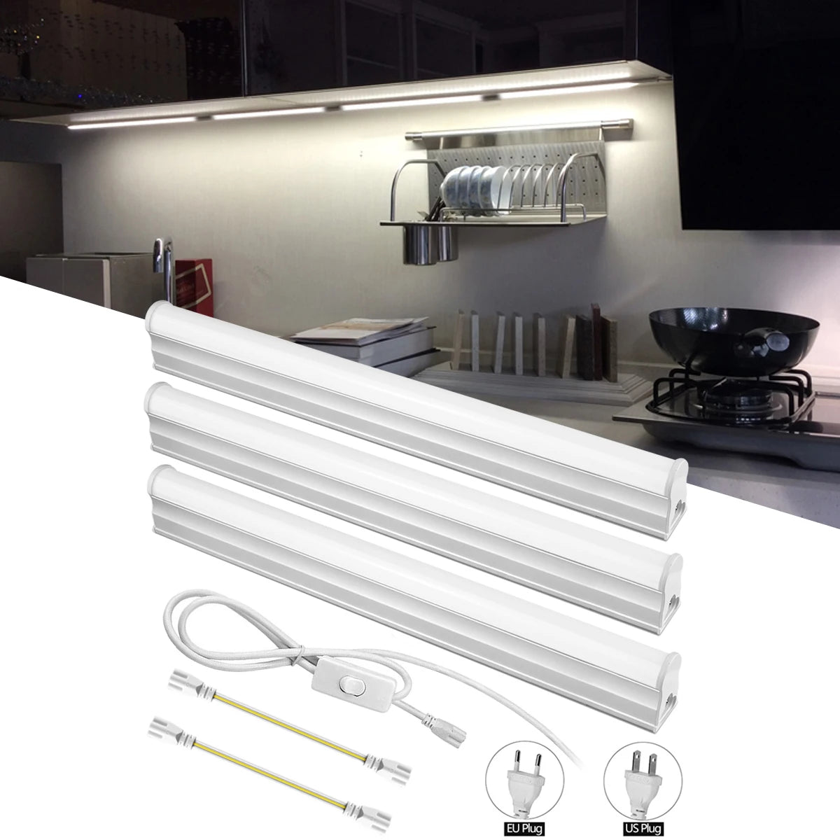 tube led blanc moderne 29cm interrupteur prise us plug autoinstallation clips aluminium