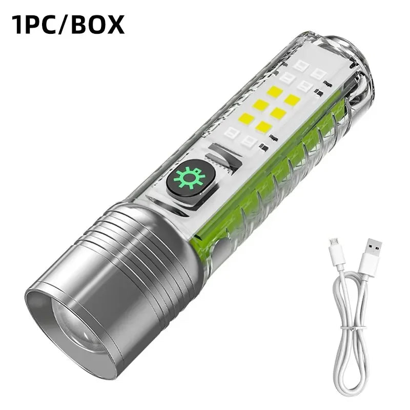 lampe torche rechargeable uv argent vert rayures verticales lumiere intense réglable modernisée compacte