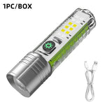 lampe torche rechargeable uv argent vert rayures verticales lumiere intense réglable modernisée compacte