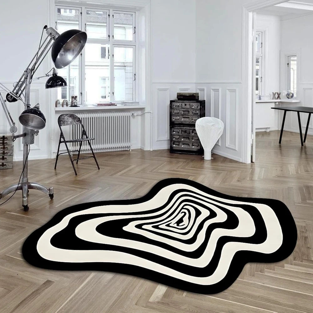tapis noir blanc moderne abstrait rayures concentriques effet ondulé salon intérieur