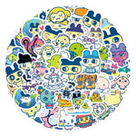 sticker dessin animé personnages animés couleurs vives bleu vert jaune rose noir blanc
