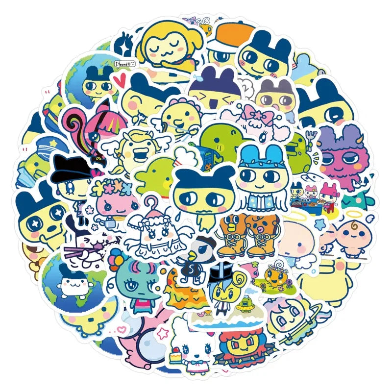 sticker dessin animé personnages animés couleurs vives bleu vert jaune rose noir blanc