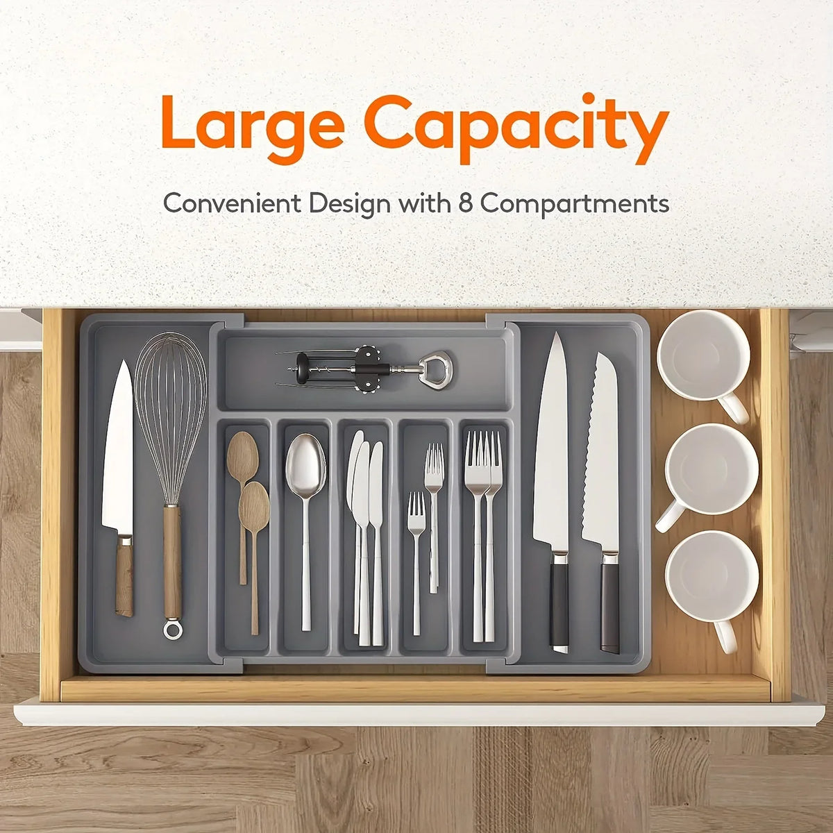 organisateur tiroir cuisine extensible compartiments ajustables rangement couverts ustensiles blanc gris moderne